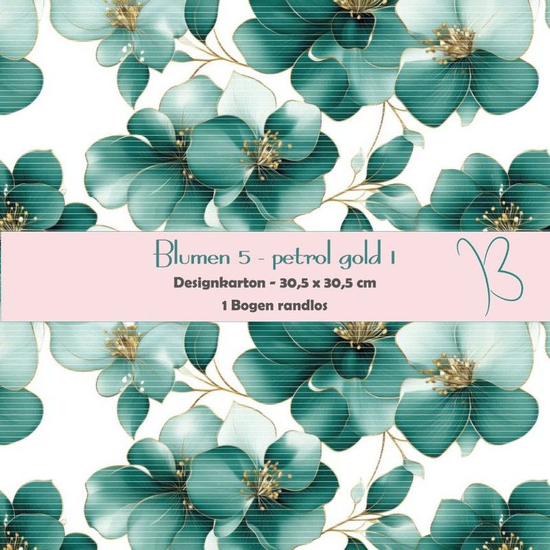 Blumen 5 - petrol/gold 1 - Designkarton - 30,5 x 30,5 cm - randlos - 1 Bogen