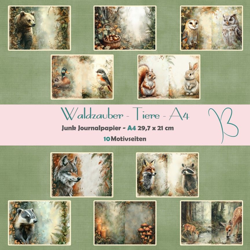 Waldzauber - Tiere - Junk Journal Seiten - A4 - 10 Seiten