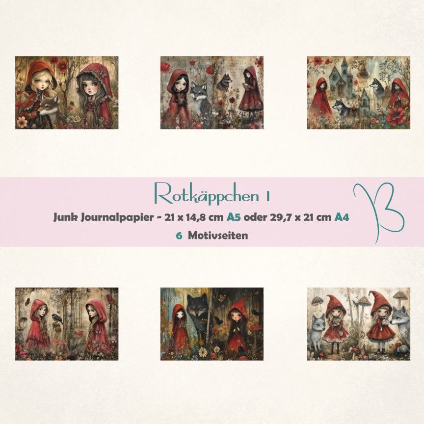 Rotkäppchen 1 - Junk Journal Seiten - A4 oder A5 quer - 6 Seiten