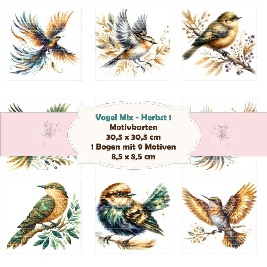 Vogel Mix - Herbst 1 - Motivkarten - 8,5 x 8,5 cm - 9 Motive - 1 Bogen