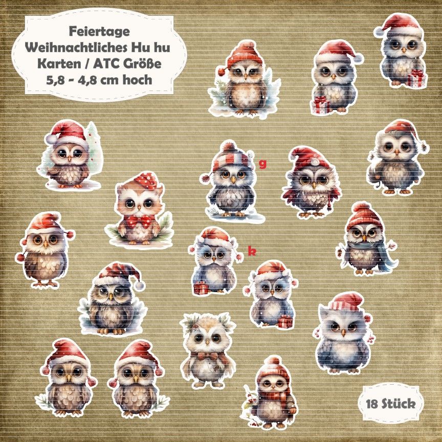 Weihnachtliches Hu Hu - Eulen - Karte / ATC Größe - 18 Teile - Die Cuts