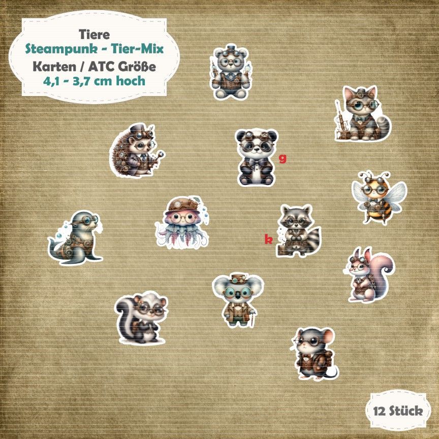 Steampunk - Tier-Mix - Karte / ATC Größe - 12 Teile - Die Cuts