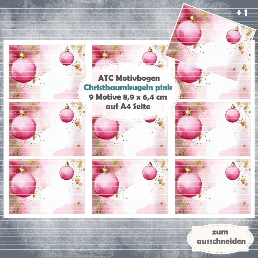 Christbaumkugeln - pink - ATC Motivbogen - A4 Querformat - 1 Seite mit 9 Motiven