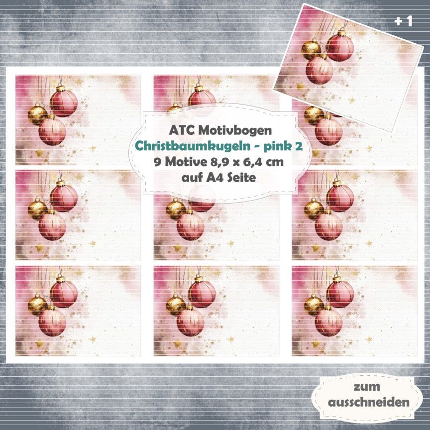 Christbaumkugeln 2 - pink - ATC Motivbogen - A4 Querformat - 1 Seite mit 9 Motiven