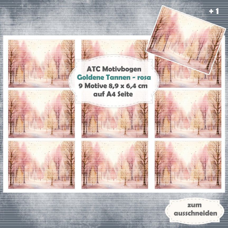 Golden Tannen - rosa - ATC Motivbogen - A4 Querformat - 1 Seite mit 9 Motiven