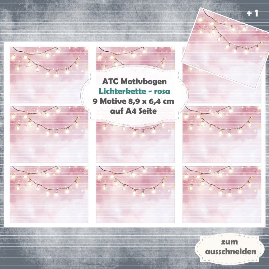 Lichterkette  - rosa - ATC Motivbogen - A4 Querformat - 1 Seite mit 9 Motiven