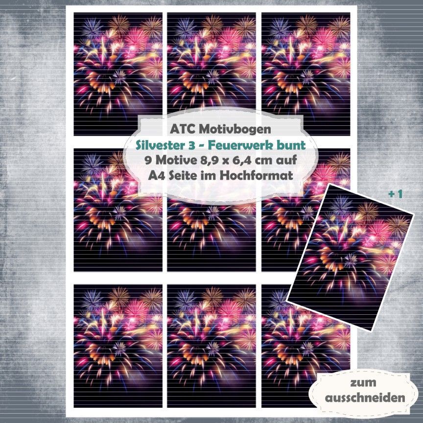Silvester 3 - Feuerwerk bunt - ATC Motivbogen - A4 Hochformat - 1 Seite mit 9 Motiven