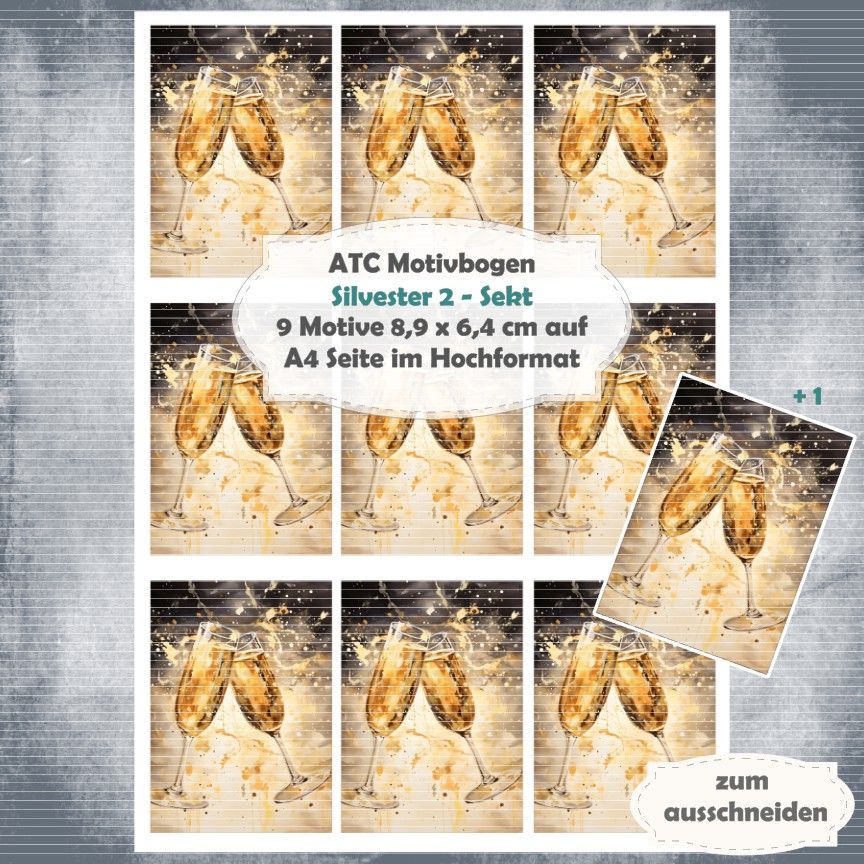 Silvester 2 - Sekt - ATC Motivbogen - A4 Hochformat - 1 Seite mit 9 Motiven