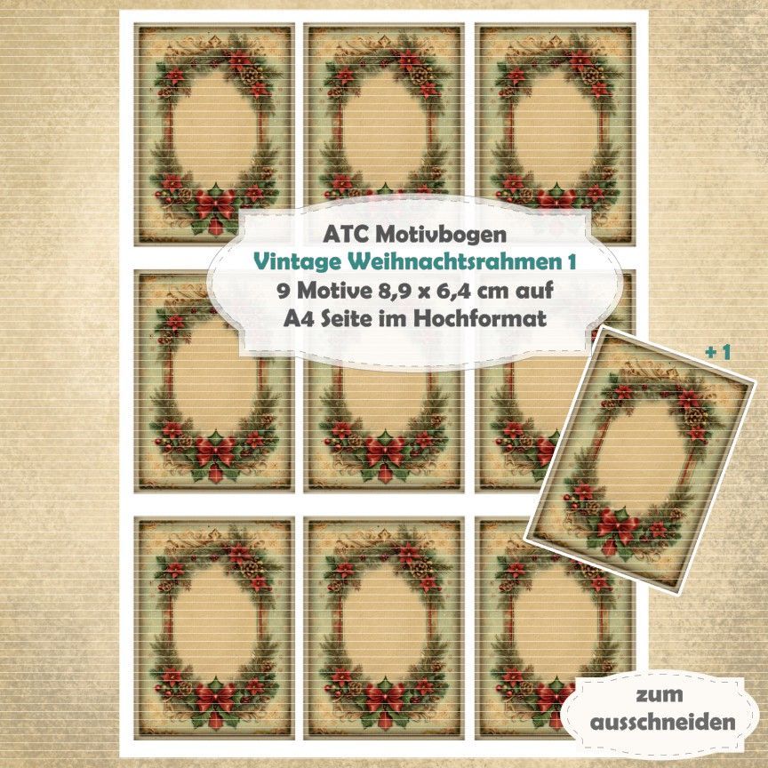 Vintage Weihnachtsrahmen 1 - ATC Motivbogen - A4 Hochformat - 1 Seite mit 9 Motiven*