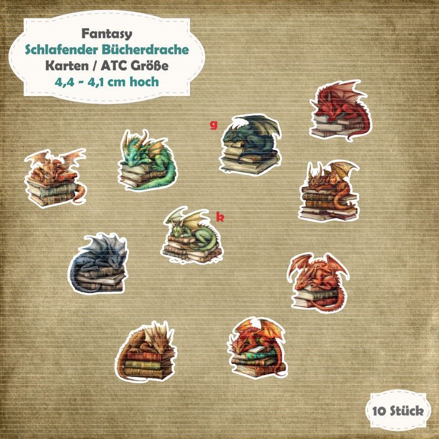 Schlafender Bücherdrache - Karte / ATC Größe - 10 Teile - Die Cuts