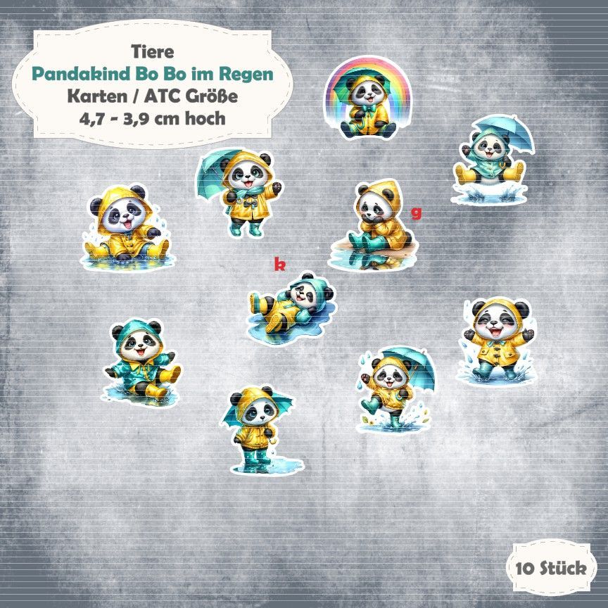 Pandakind Bo Bo im Regen - Karten / ATC Größe - 10 Stanzteile - Die Cut