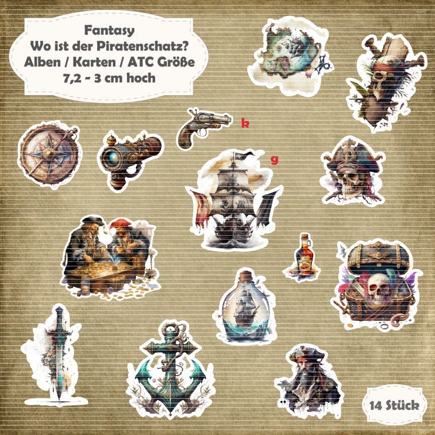 Wo ist der Piratenschatz? - Alben / Karten / ATC Größe - 15 Stanzteile - Die Cut