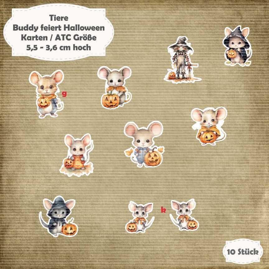 Buddy feiert Halloween - Maus - Karten / ATC Größe - 10 Stanzteile - Die Cut