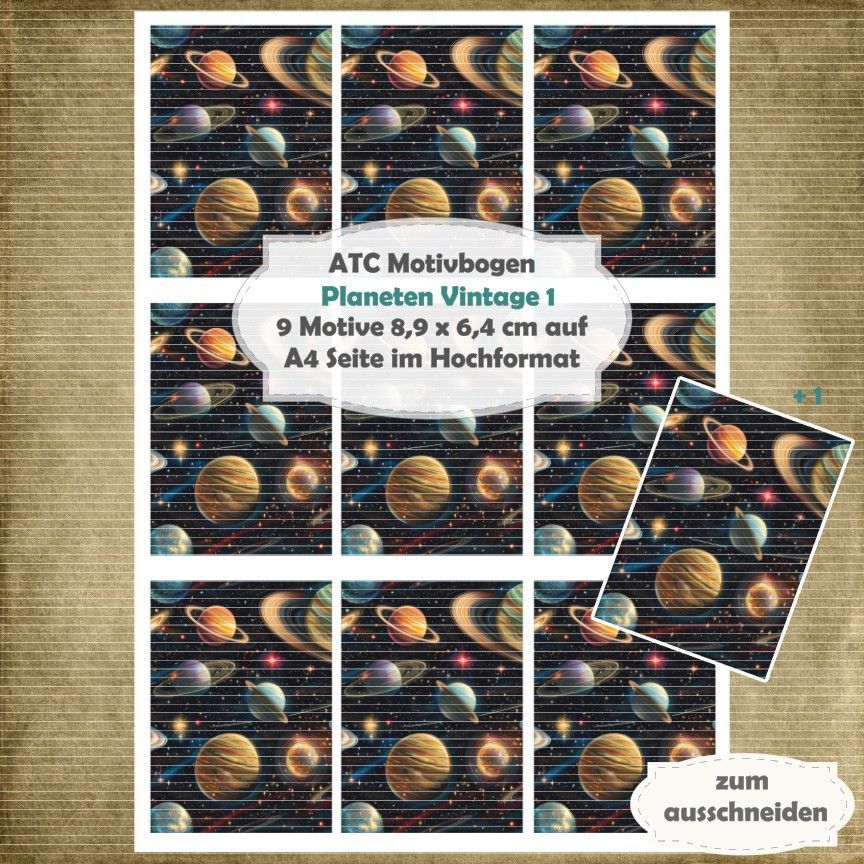 Planeten Vintage 1  - ATC Motivbogen - A4 Hochformat - 1 Seite mit 9 Motiven