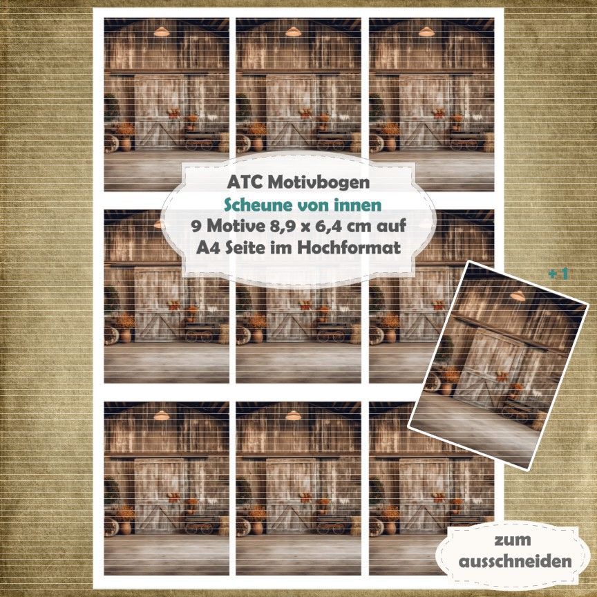Scheune von innen  - ATC Motivbogen - A4 Hochformat - 1 Seite mit 9 Motiven