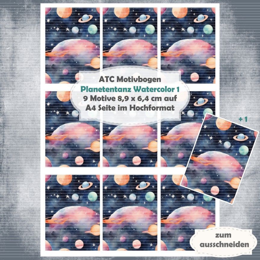 Planetentanz Watercolor 1 - ATC Motivbogen - A4 Hochformat - 1 Seite mit 9 Motiven