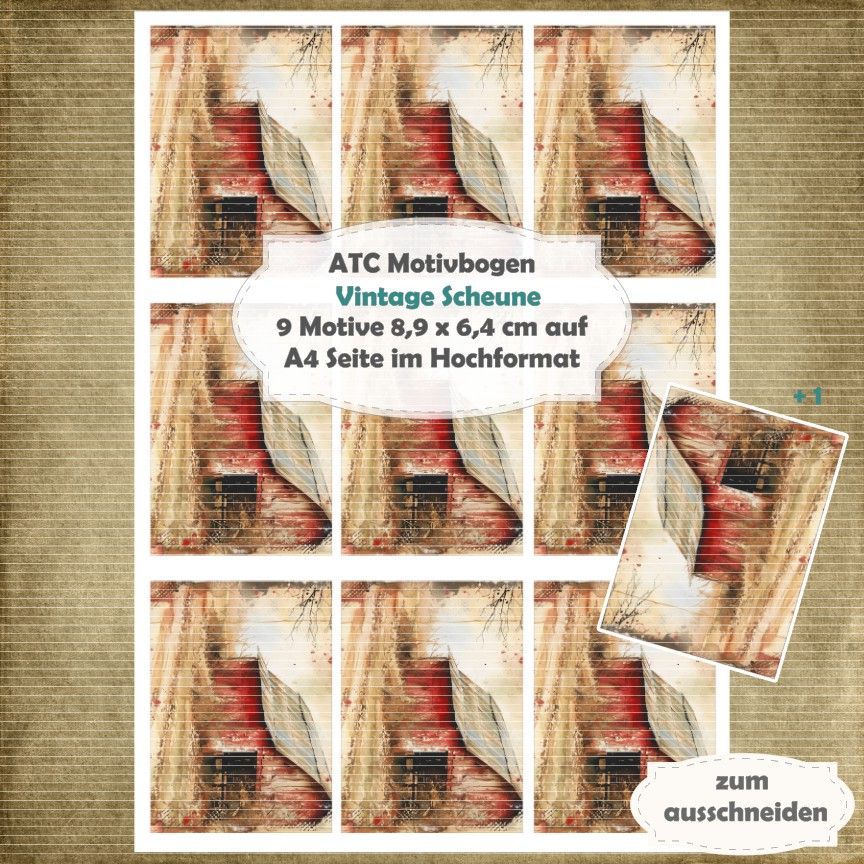 Vintage Scheune  - ATC Motivbogen - A4 Hochformat - 1 Seite mit 9 Motiven