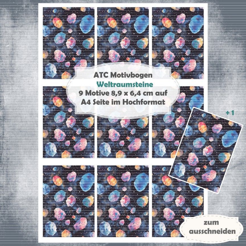 Weltraumsteine - ATC Motivbogen - A4 Hochformat - 1 Seite mit 9 Motiven