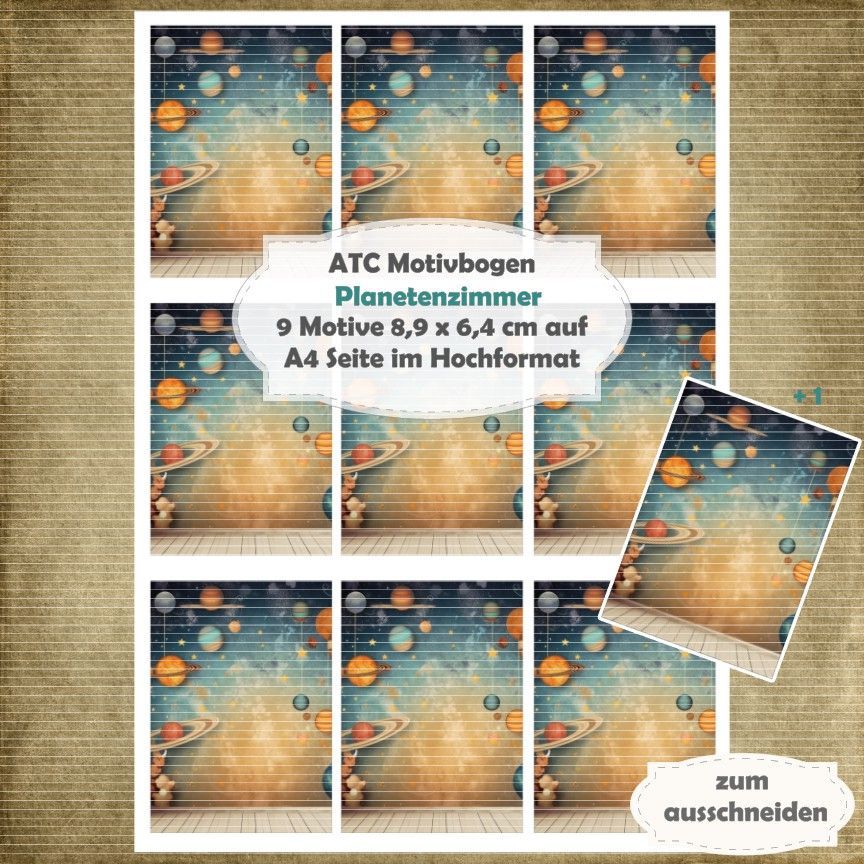 Planetenzimmer - ATC Motivbogen - A4 Hochformat - 1 Seite mit 9 Motiven