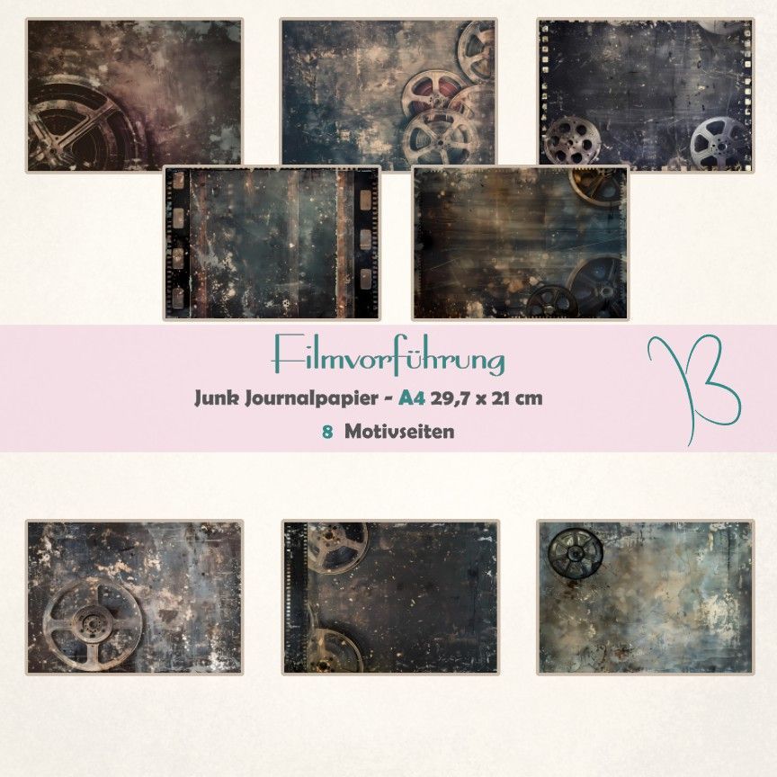 Filmvorführung A4 - Junk Journal Seiten - quer - 8 Seiten