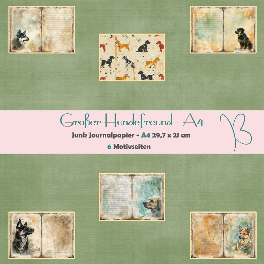 Großer Hundefreund - A4 - Junk Journal Seiten - quer - 6 Seiten