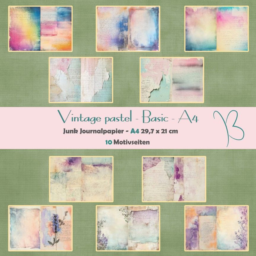 Vintage pastel - Basic A4 - Junk Journal Seiten - quer - 10 Seiten