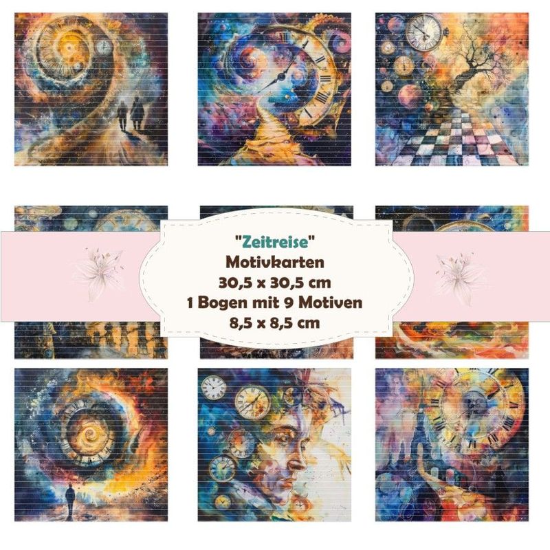 Zeitreise - Motivkarten - 8,5 x 8,5 cm - 9 Motive - 1 Bogen Zeitreise - Motivkarten - 8,5 x 8,5 cm - 9 Motive - 1 Bogen