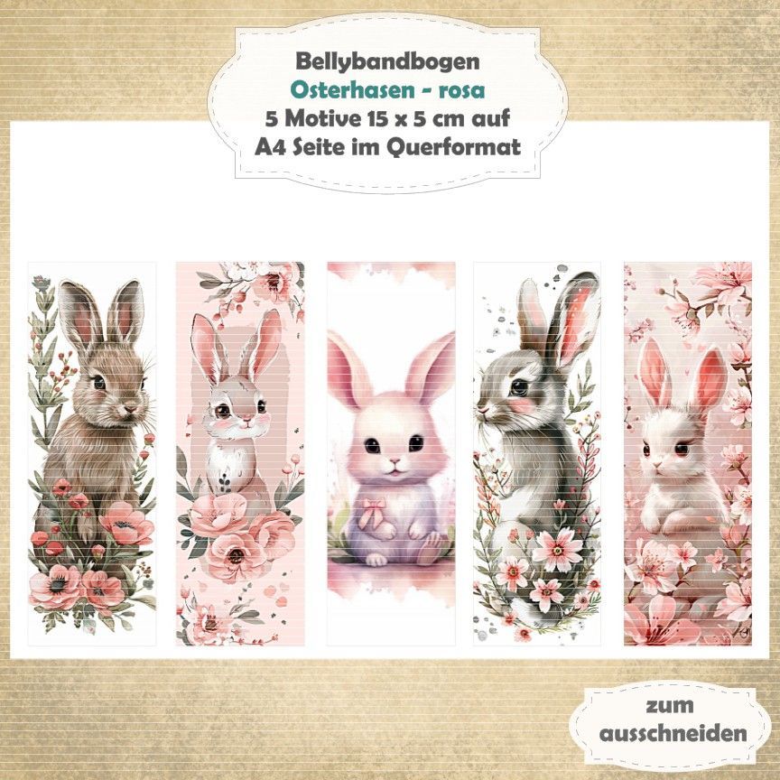 Osterhasen - rosa -  Bellybandbogen - Lesezeichen - A4 quer - 1 Seite mit 5 Motiven
