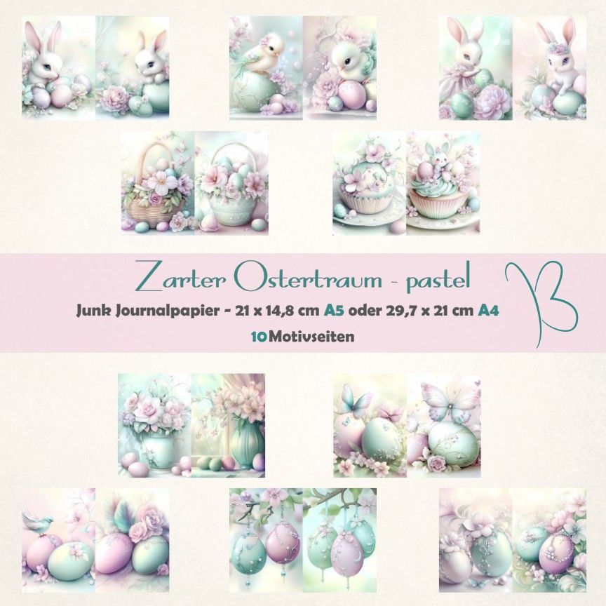 Zarter Ostertraum - pastell - A4 oder A5 - Junk Journal Seiten - quer - 10 Seiten