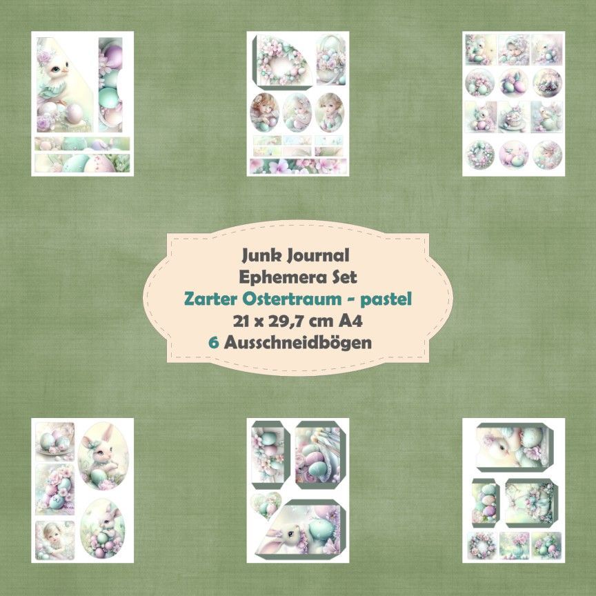 Zarter Ostertraum - pastel - Ephemera Set - Ausschneidebögen - Junk Journal - A4 -  6 Seiten