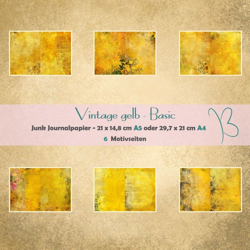 Vintage gelb  - Basic - A4 oder A5 - Junk Journal Seiten - quer - 6 Seiten