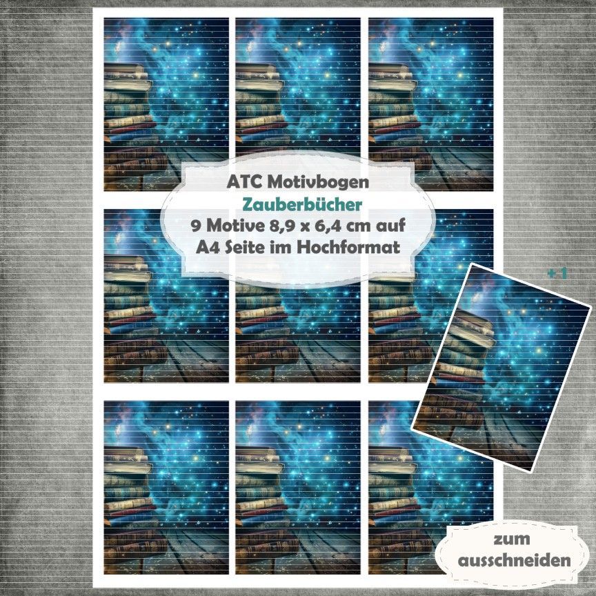 Zauberbücher  - ATC Motivbogen - A4 Hochformat - 1 Seite mit 9 Motiven