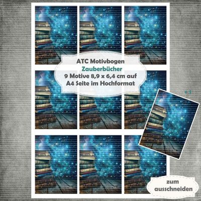 Zauberbücher - ATC Motivbogen - A4 Hochformat - 1 Seite mit 9 Motiven Zauberbücher - ATC Motivbogen - A4 Hochformat - 1 Seite mit 9 Motiven