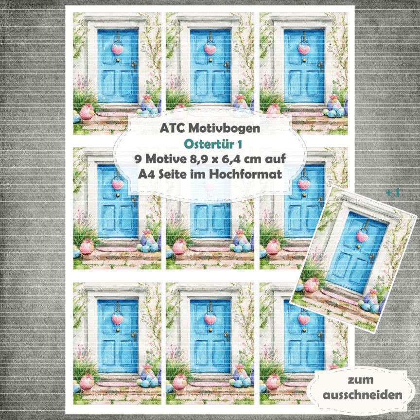Ostertür 1  - ATC Motivbogen - A4 Hochformat - 1 Seite mit 9 Motiven