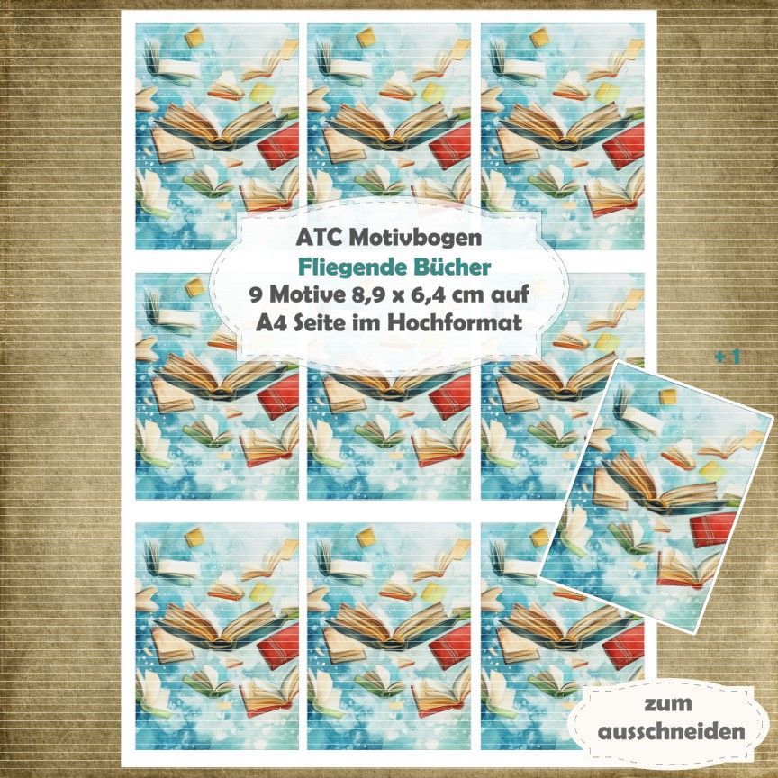 Fliegende Bücher  - ATC Motivbogen - A4 Hochformat - 1 Seite mit 9 Motiven