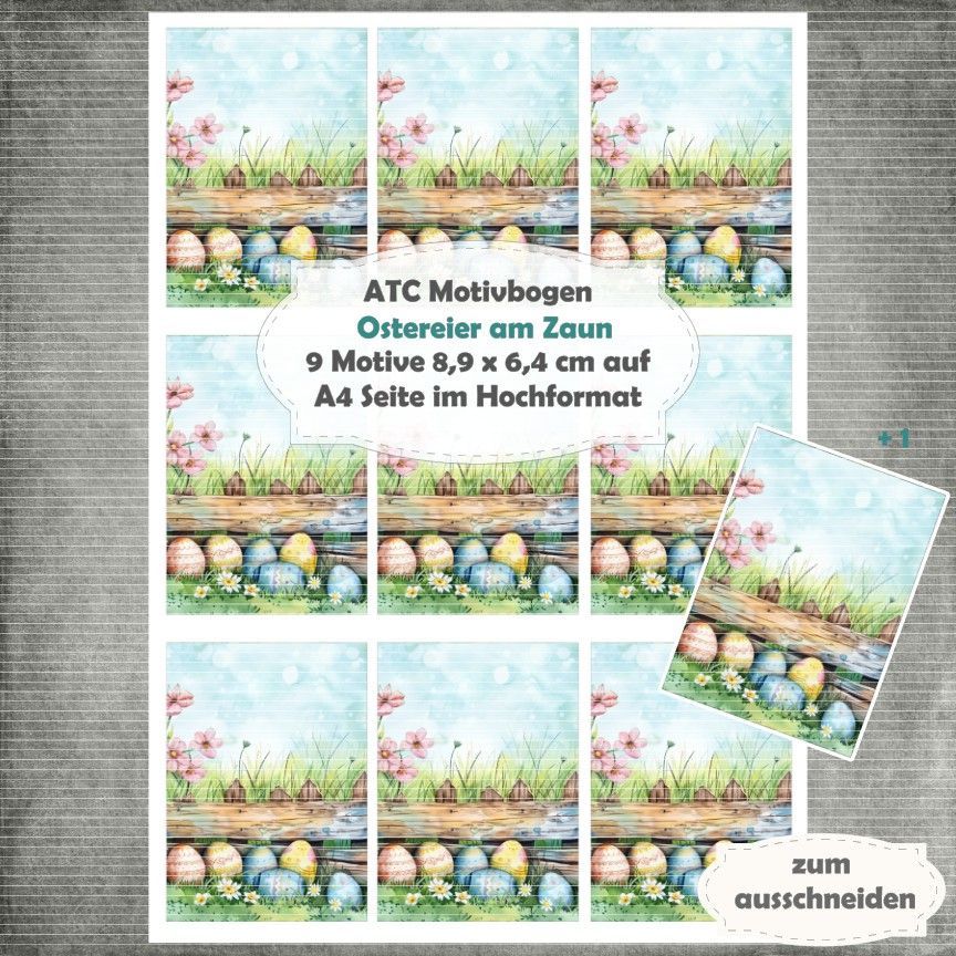 Ostereier am Zaun - ATC Motivbogen - A4 Hochformat - 1 Seite mit 9 Motiven