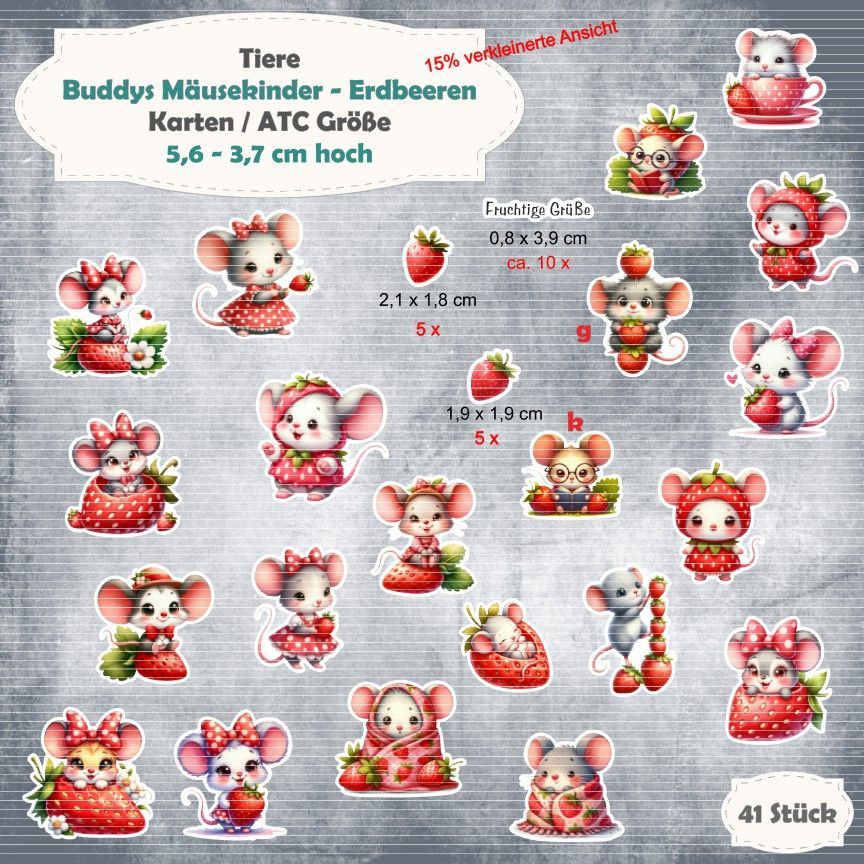 Buddys Mäusekinder - Erdbeeren /  Karten / ATC Größe - 41 Stanzteile - Die Cut