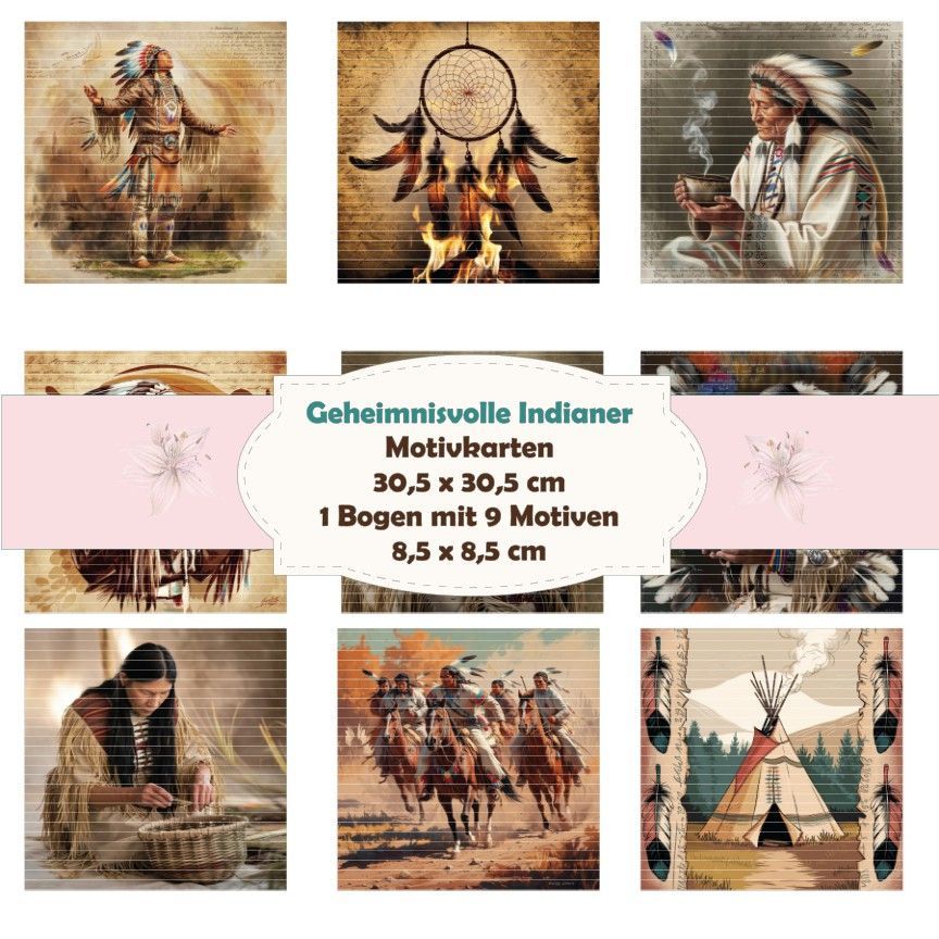 Geheimnisvolle Indianer - Motivkarten - 8,5 x 8,5 cm - 9 Motive - 1 Bogen