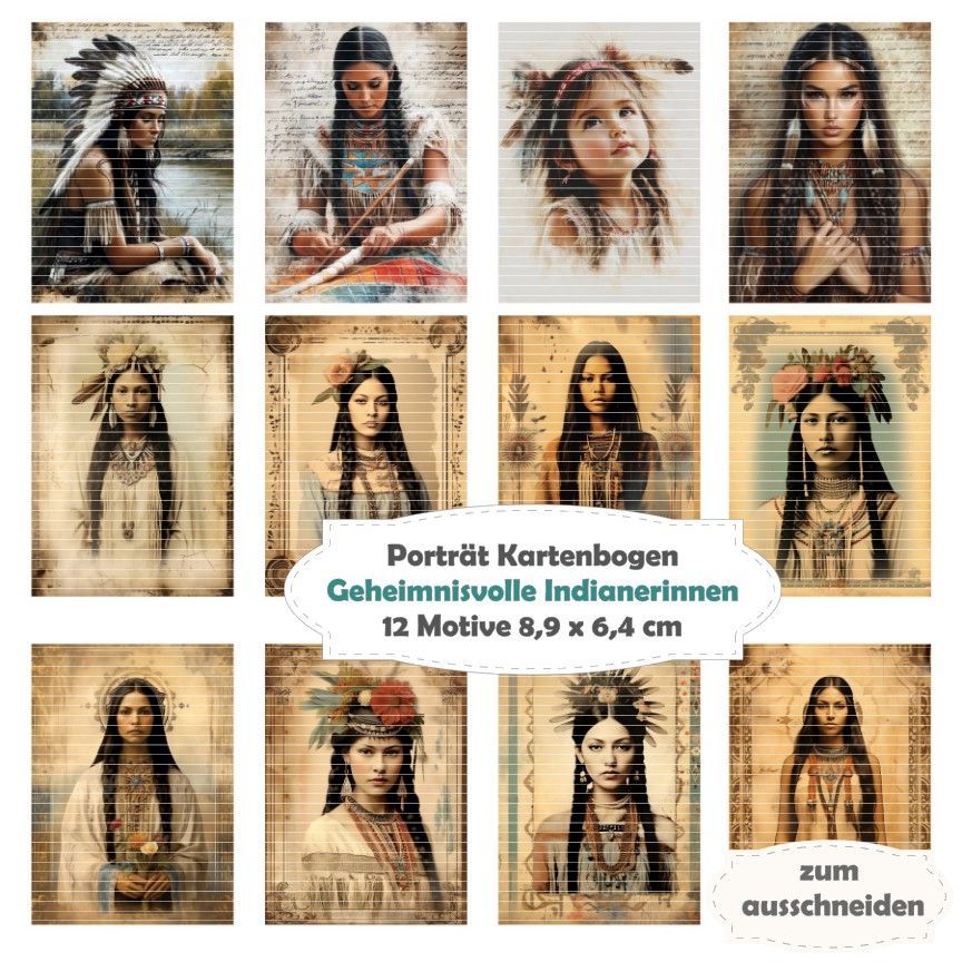 Geheimnisvolle Indianerinnen - Porträt Kartenbogen - 12 Inch - mit 12 Motiven