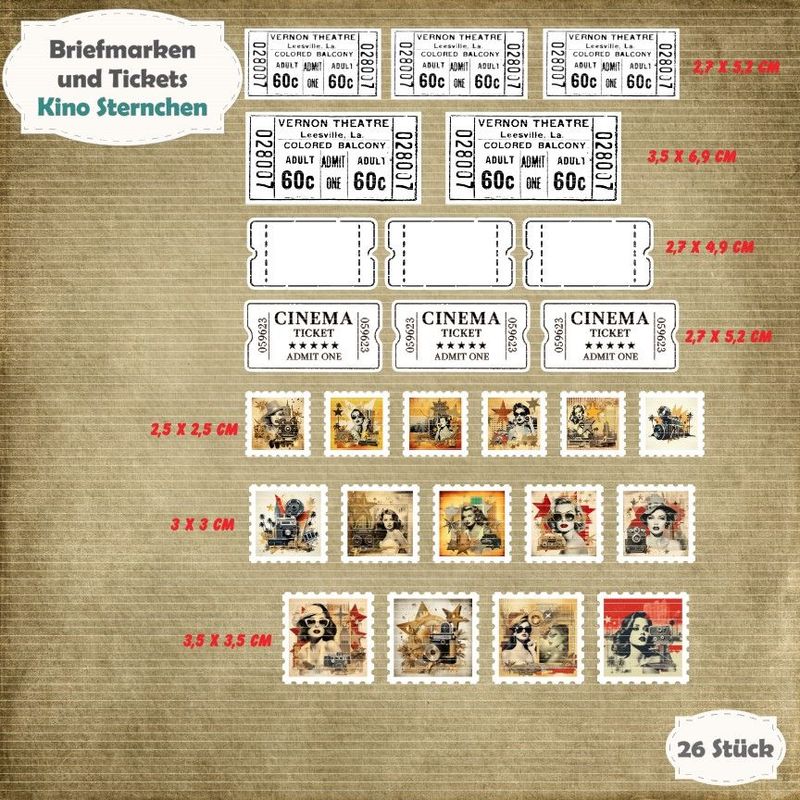 Kino Sternchen - Briefmarken und Tickets - unterschiedliche Größen - 26 Stanzteile - Die Cut Kino Sternchen - Briefmarken und Tickets - unterschiedliche Größen - 26 Stanzteile - Die Cut