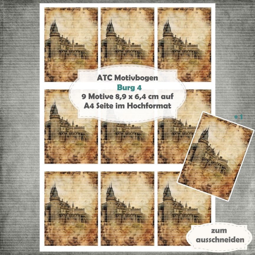 Burg 4 - ATC Motivbogen - A4 Hochformat - 1 Seite mit 9 Motiven