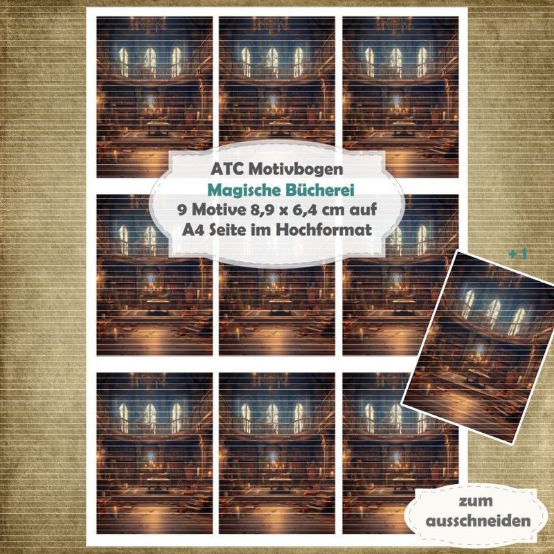 Magische Bücherei - ATC Motivbogen - A4 Hochformat - 1 Seite mit 9 Motiven Magische Bücherei - ATC Motivbogen - A4 Hochformat - 1 Seite mit 9 Motiven