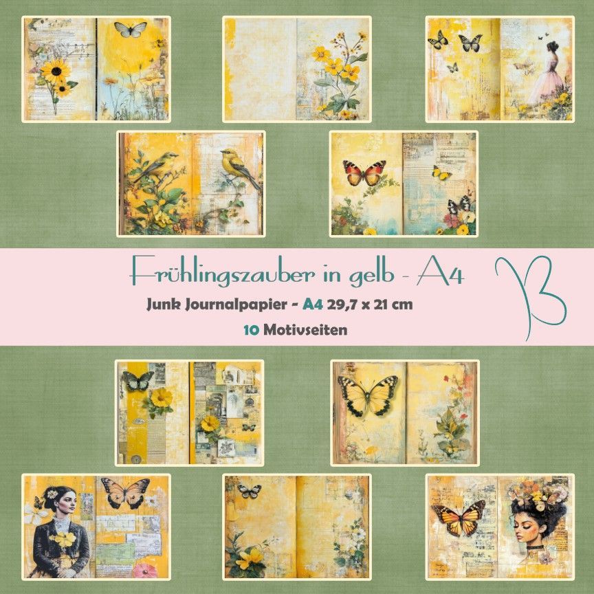 Frühlingszauber in gelb - A4 - Junk Journal Seiten - quer - 10 Seiten