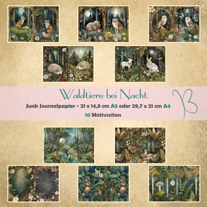 Waldtiere bei Nacht - A4 oder A5 - Junk Journal Seiten - quer - 10 Seiten