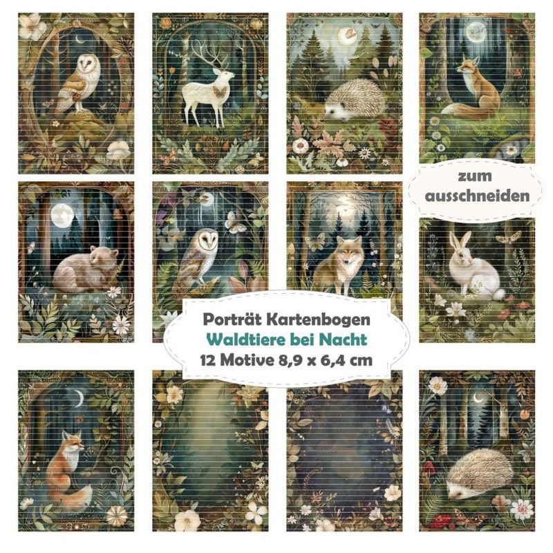 Waldtiere bei Nacht - Porträt Kartenbogen - 12 Inch - mit 12 Motiven Waldtiere bei Nacht - Porträt Kartenbogen - 12 Inch - mit 12 Motiven