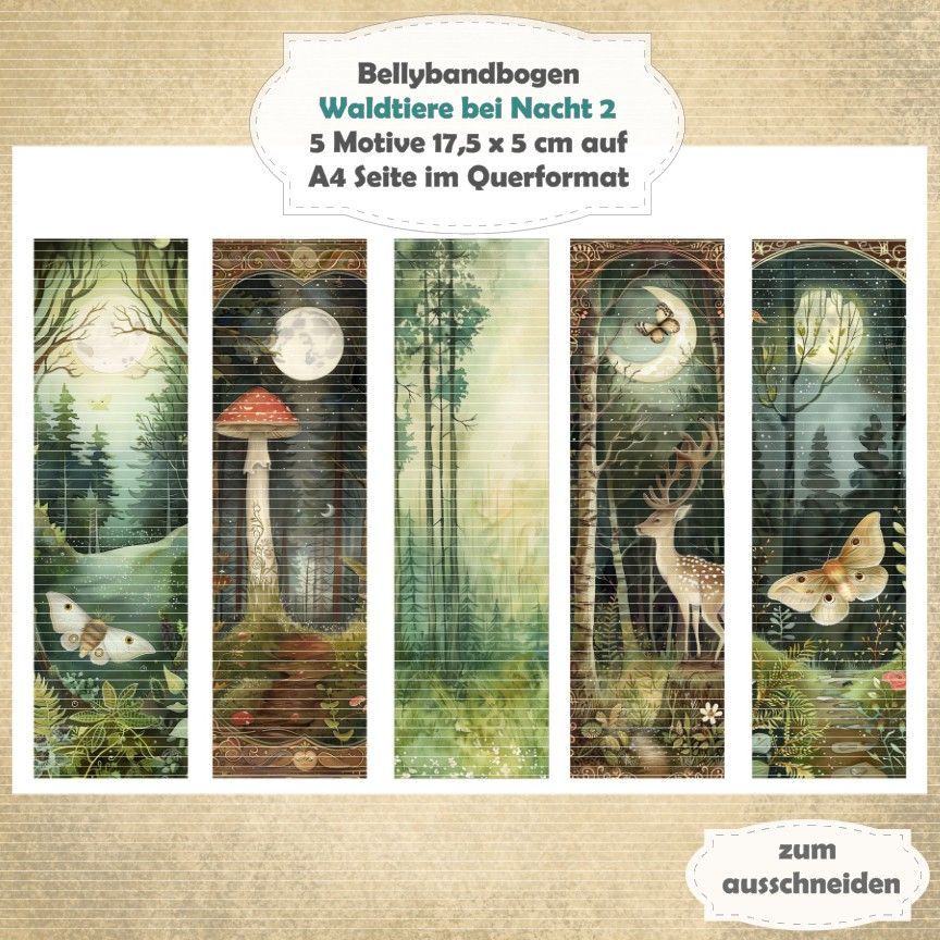 Waldtiere bei Nacht 2 -  Bellybandbogen - Lesezeichen - A4 quer - 1 Seite mit 5 Motiven