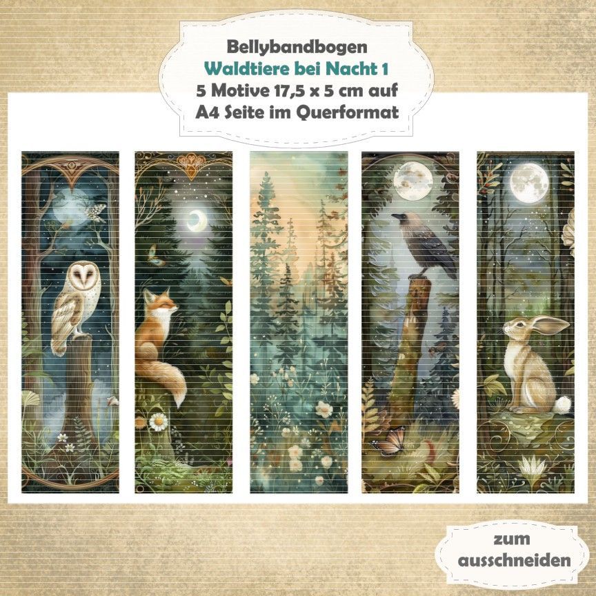 Waldtiere bei Nacht 1 -  Bellybandbogen - Lesezeichen - A4 quer - 1 Seite mit 5 Motiven