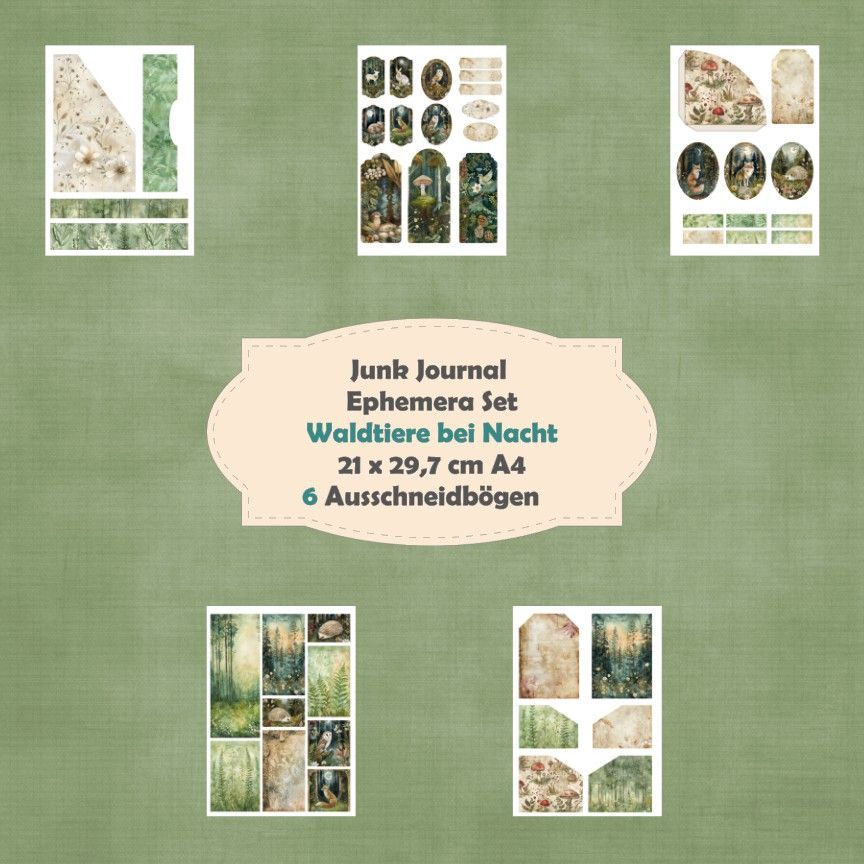 Waldtiere bei Nacht - Ephemera Set - Ausschneidebögen - Junk Journal - A4 -  5 Seiten