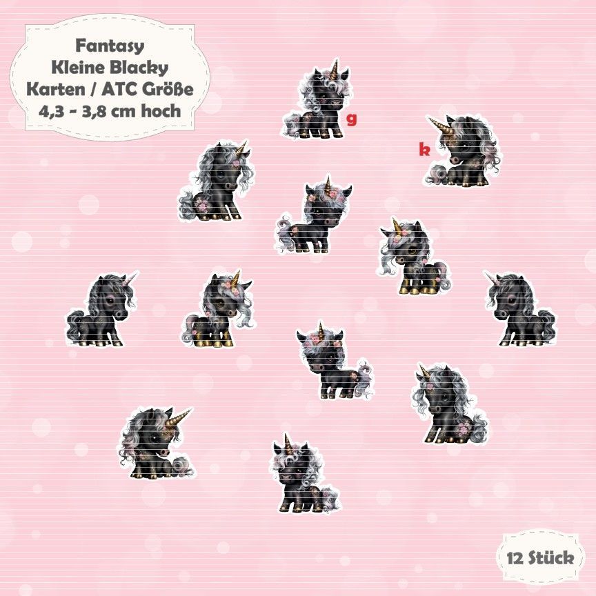 Kleine Blacky - Einhorn - Karten /  ATC Größe - 12 Stanzteile - Die Cut