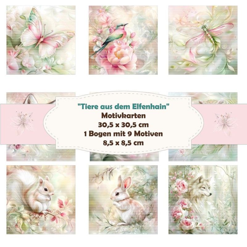 Tiere aus dem Elfenhain - Motivkarten - 8,5 x 8,5 cm - 9 Motive - 1 Bogen Tiere aus dem Elfenhain - Motivkarten - 8,5 x 8,5 cm - 9 Motive - 1 Bogen